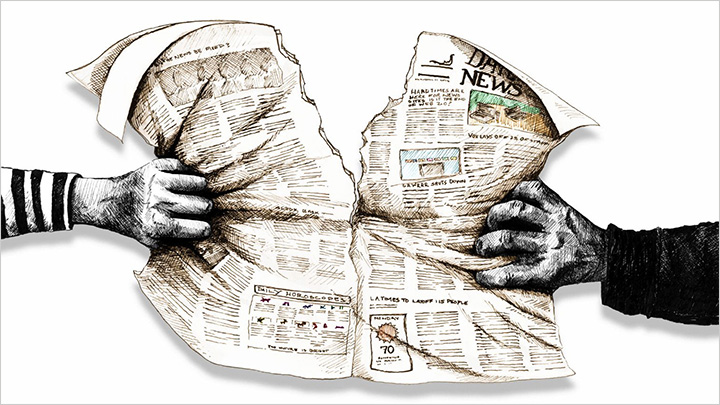 An illustration of a newspaper being ripped in half by hands from the left and right side